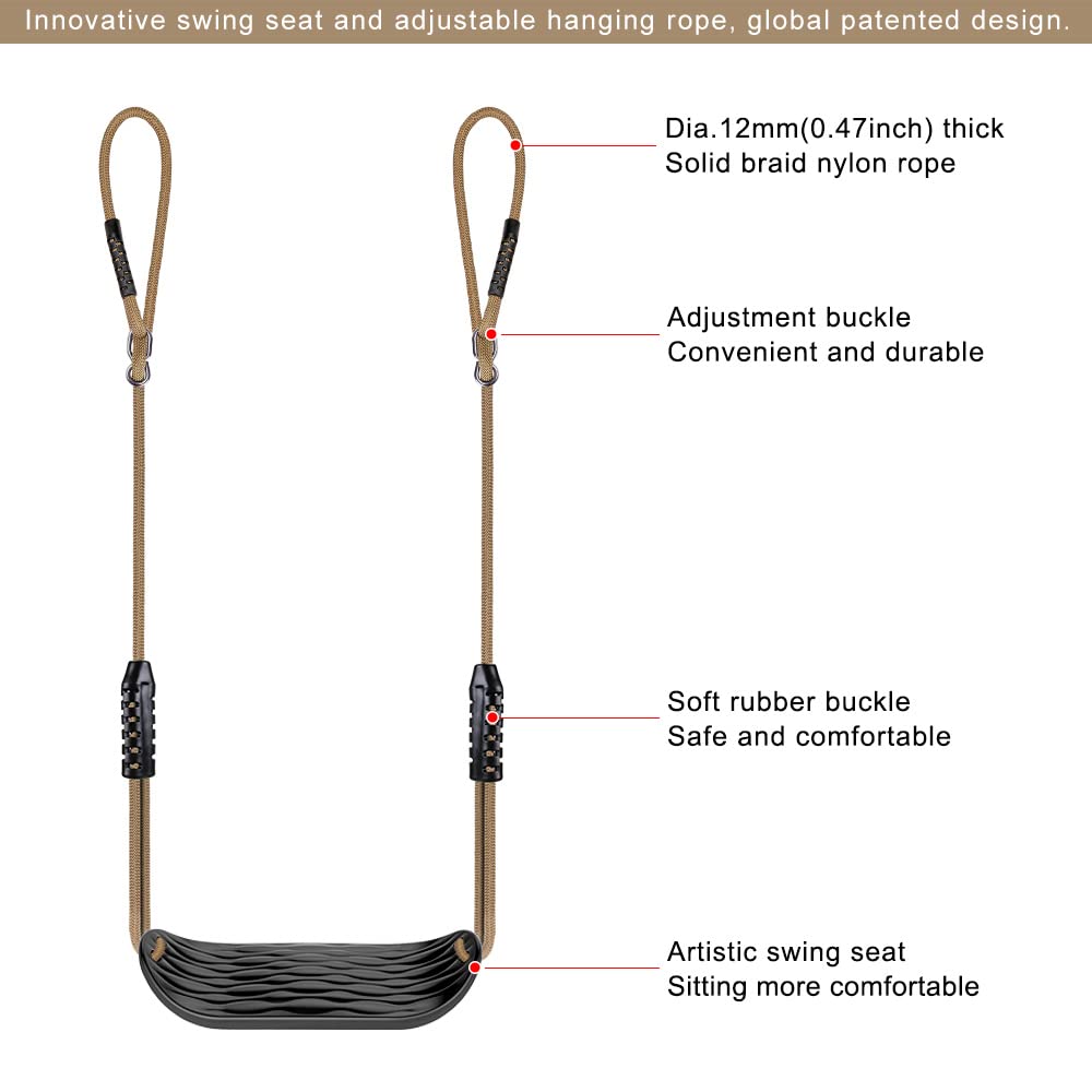 SELEWARE Garden Games Schaukelsitz aus Robustem Set mit 2m Langem Verstellbarem Seil und 2 Karabinern, Robustes Schaukel Outdoor Garten Schaukel Schwarz