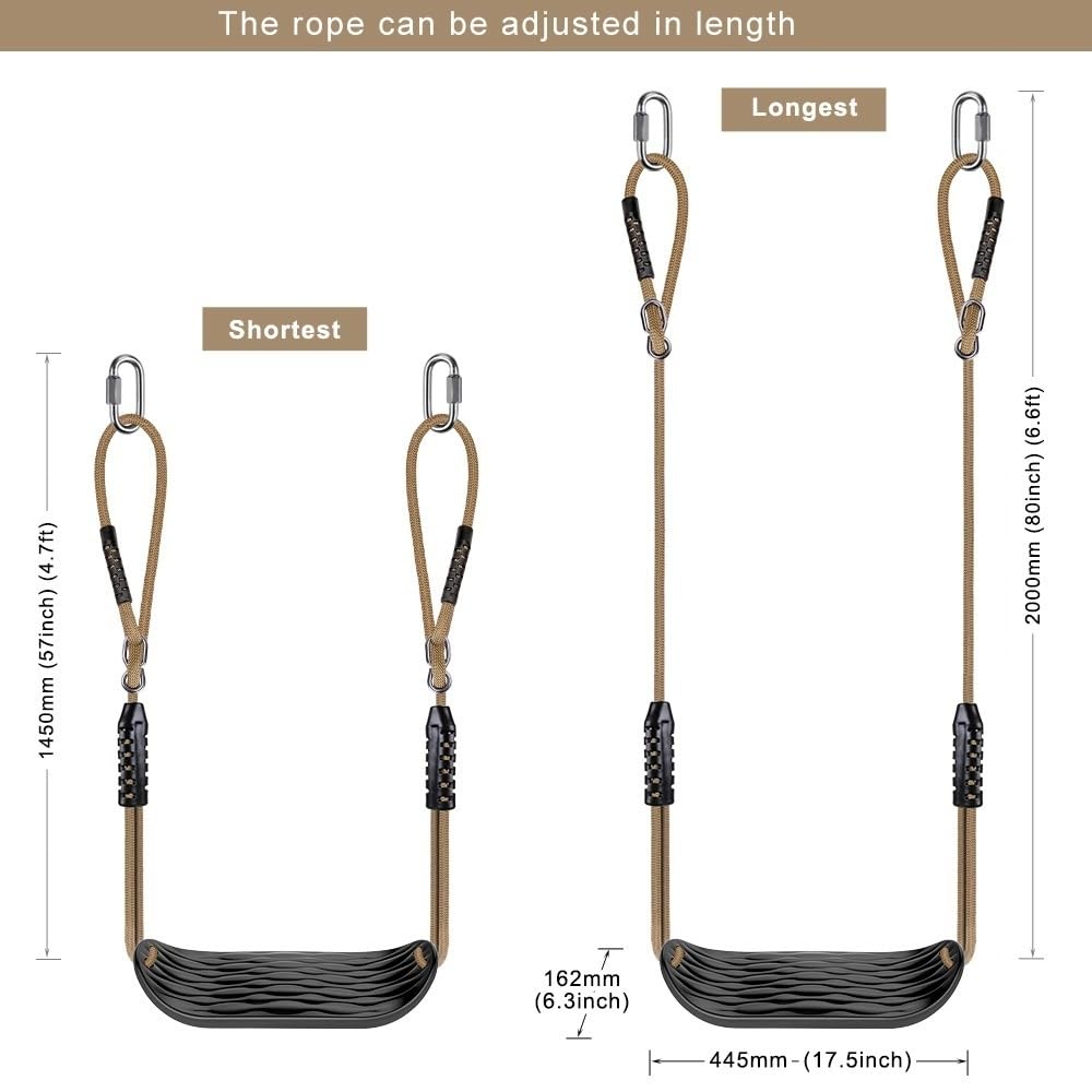 SELEWARE Garden Games Schaukelsitz aus Robustem Set mit 2m Langem Verstellbarem Seil und 2 Karabinern, Robustes Schaukel Outdoor Garten Schaukel Schwarz