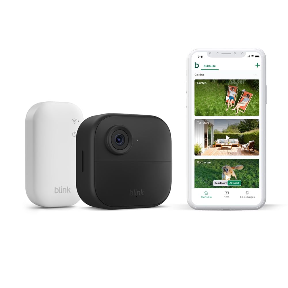 Blink-Kamera Outdoor 4 | Kabellose intelligente HD-Sicherheitskamera, zwei Jahre Batterielaufzeit, funktioniert mit Alexa | 1-Kamera-System mit enthaltenem Sync Module Core | IP65