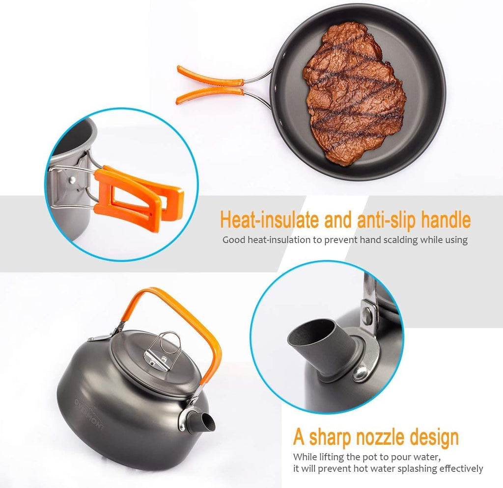 OVERMONT Camping Kochgeschirr Set Outdoor Geschirr Set Kochtopf Set Grillgeschirr Picknick Topf mit Kaffeekanne Teekanne Aluminium