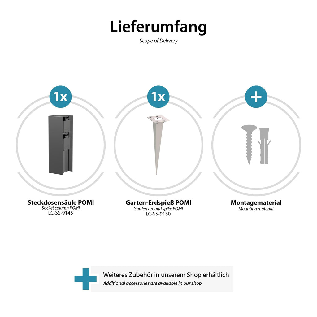 ledscom.de Garten-Steckdosen-Säule POMI mit Erdspieß für außen, IP44, 2-Fach, anthrazit, eckig, 23cm