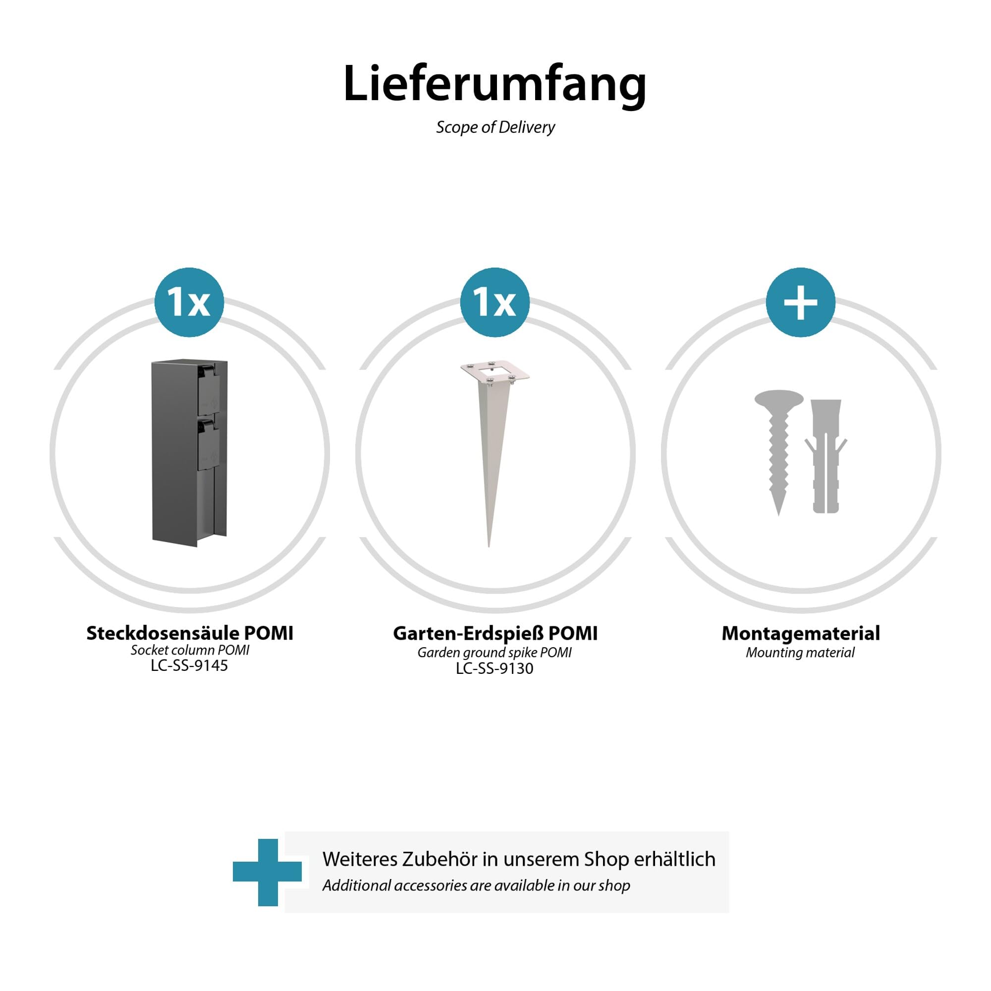 ledscom.de Garten-Steckdosen-Säule POMI mit Erdspieß für außen, IP44, 2-Fach, anthrazit, eckig, 23cm