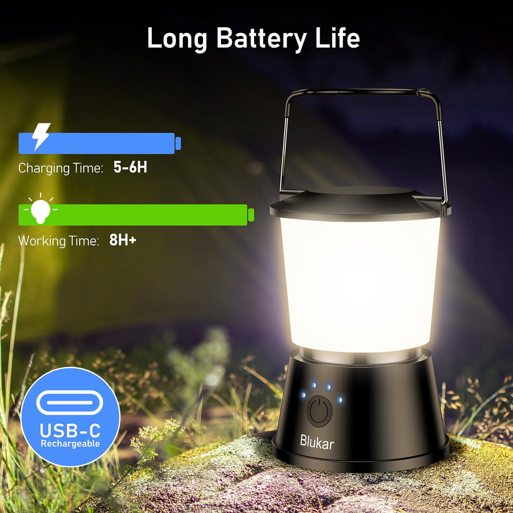 Blukar LED Campinglampe Tragbar, 2000L Superhell Camping Laterne Aufladbar Zeltlampe mit Haken, Stufenlos Dimmbar & 5 Leuchtmodi, 8+ Std. Dauer, Notfallleuchte für Camp, Stromausfall-Schwarz