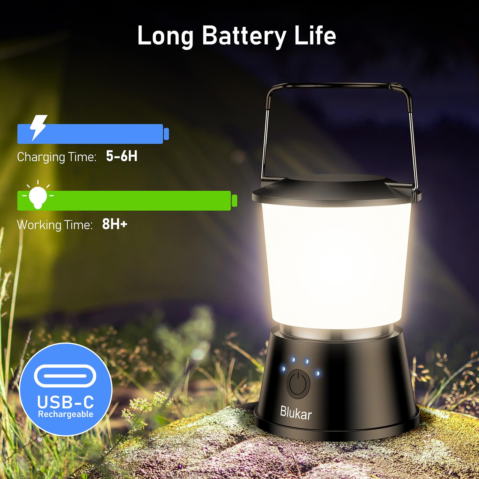 Blukar LED Campinglampe Tragbar, 2000L Superhell Camping Laterne Aufladbar Zeltlampe mit Haken, Stufenlos Dimmbar & 5 Leuchtmodi, 8+ Std. Dauer, Notfallleuchte für Camp, Stromausfall-Schwarz