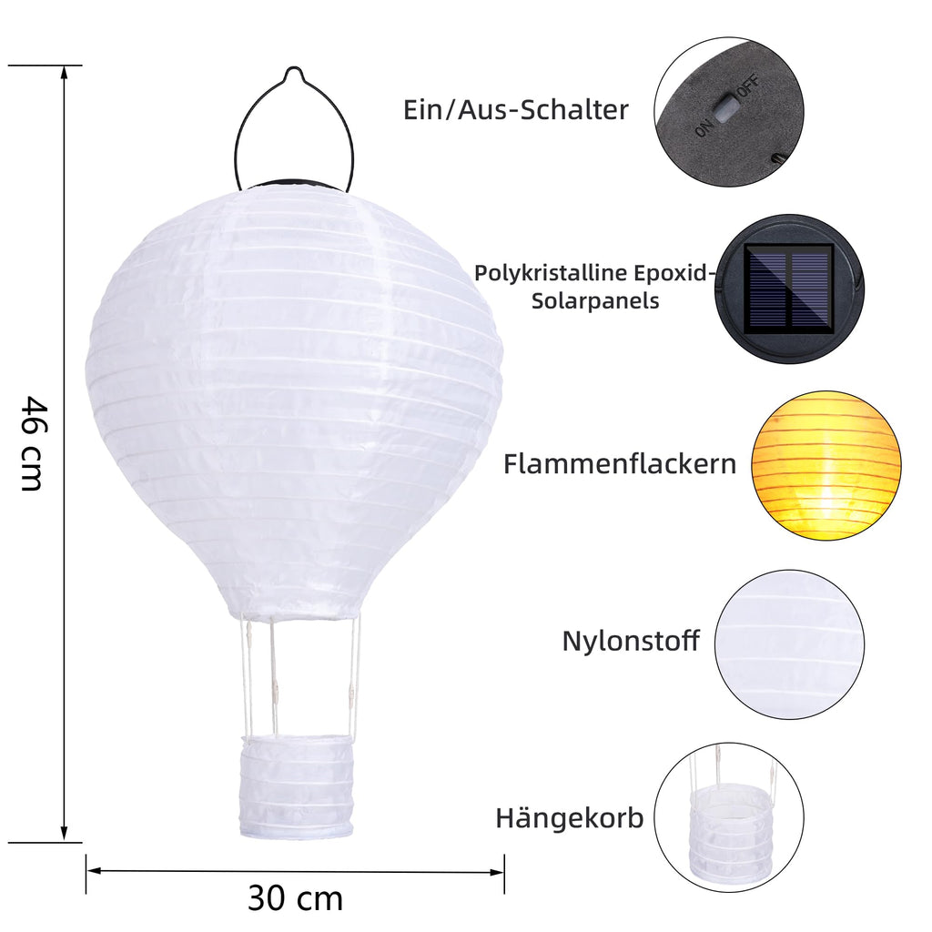 Solarlampen für Außen Hängend, 2 Stück 30cm Lampions Solar Außen Wetterfest, Gartenlaterne mit Flackernder Flamme, Heißluftballon Nylon Solarlaterne für Außen Garten Fest Deko (Warmweiß)