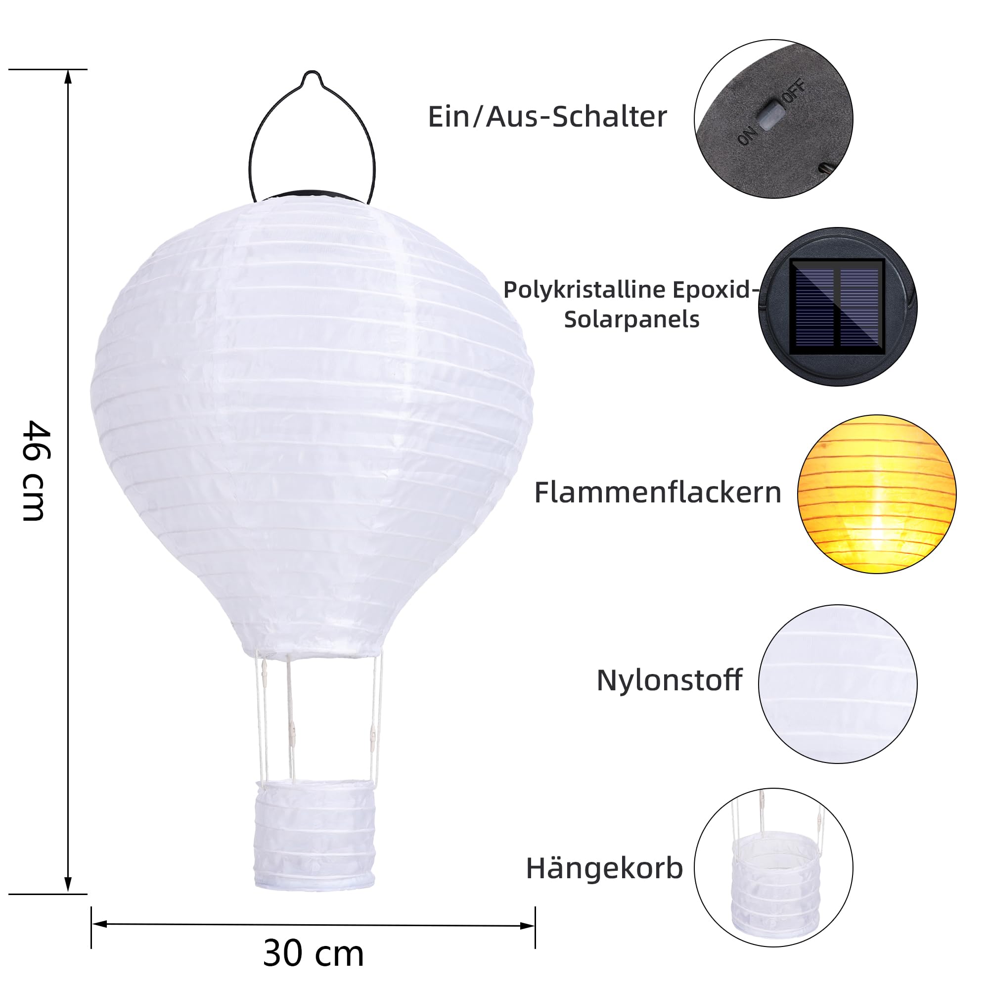 Solarlampen für Außen Hängend, 2 Stück 30cm Lampions Solar Außen Wetterfest, Gartenlaterne mit Flackernder Flamme, Heißluftballon Nylon Solarlaterne für Außen Garten Fest Deko (Warmweiß)