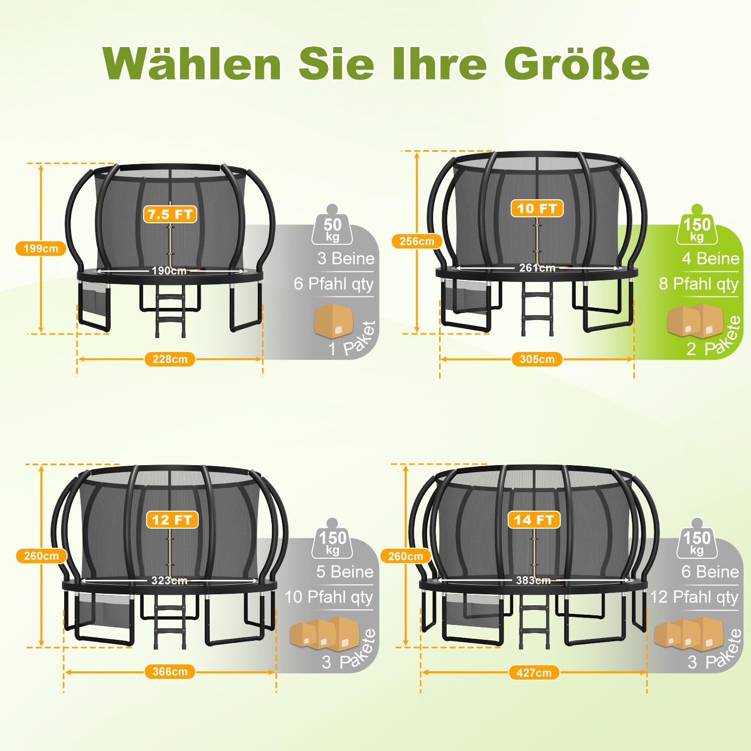 Devoko Trampolin Outdoor Ø 228/305/366/427 cm, GS-Zertifikat, Kindertrampolin Gartentrampolin mit Sicherheitsnetz, Rundes Riesentrampolin mit Leiter und Schuhbeutel