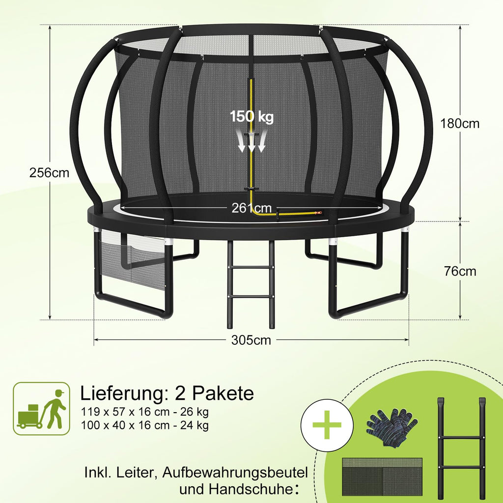 Devoko Trampolin Outdoor Ø 228/305/366/427 cm, GS-Zertifikat, Kindertrampolin Gartentrampolin mit Sicherheitsnetz, Rundes Riesentrampolin mit Leiter und Schuhbeutel