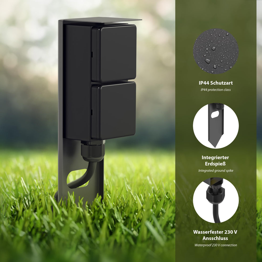 ledscom.de Garten Steckdosensäule PIWI mit Erdspieß für außen, IP44, 2-Fach, Edelstahl, anthrazit, eckig, 30 cm