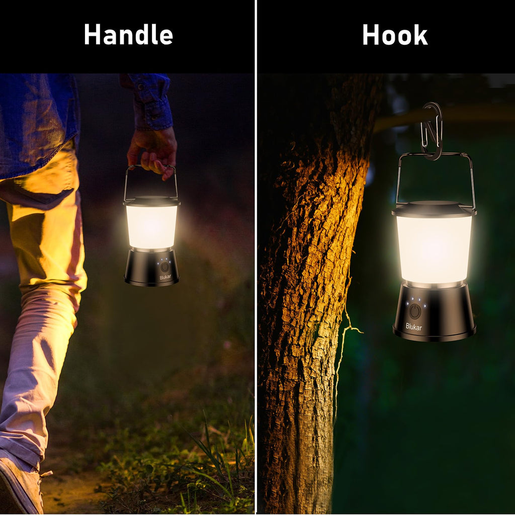 Blukar LED Campinglampe Tragbar, 2000L Superhell Camping Laterne Aufladbar Zeltlampe mit Haken, Stufenlos Dimmbar & 5 Leuchtmodi, 8+ Std. Dauer, Notfallleuchte für Camp, Stromausfall-Schwarz