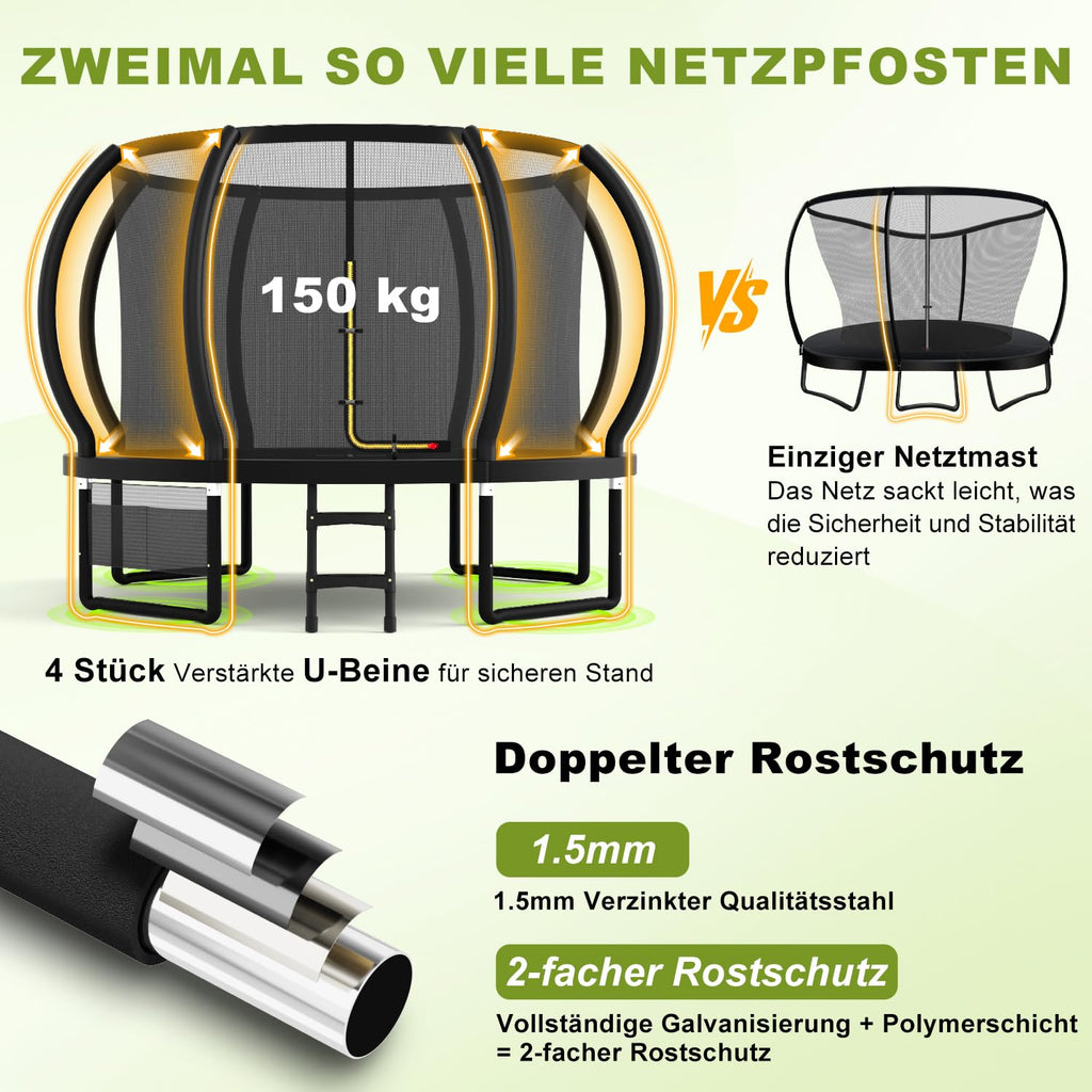 Devoko Trampolin Outdoor Ø 228/305/366/427 cm, GS-Zertifikat, Kindertrampolin Gartentrampolin mit Sicherheitsnetz, Rundes Riesentrampolin mit Leiter und Schuhbeutel
