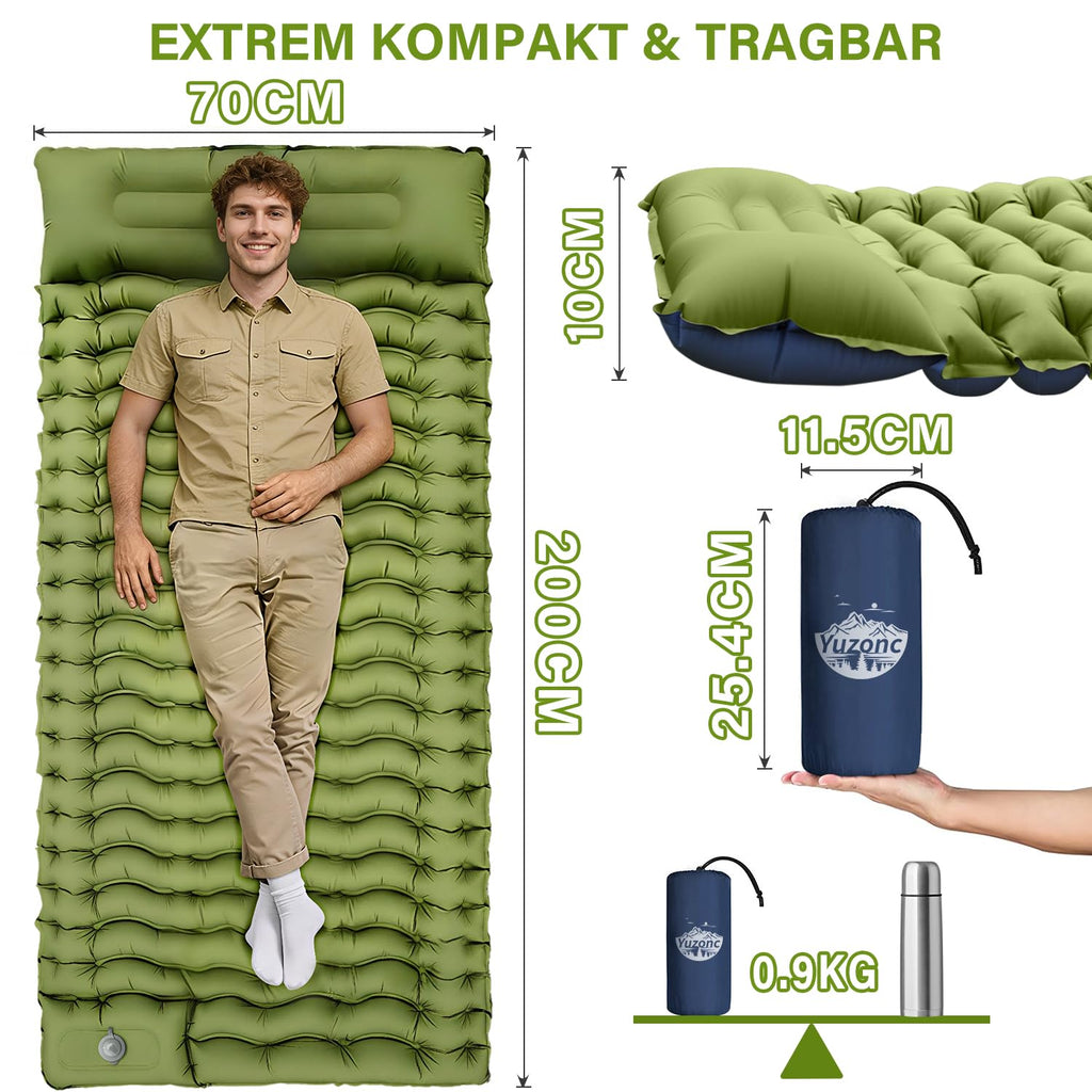Yuzonc Isomatte Camping,Camping Luftmatratze mit FußpressePumpe & Kissen, Aufblasbare Matratze Kompakte und Leichte für Wandern und Strand