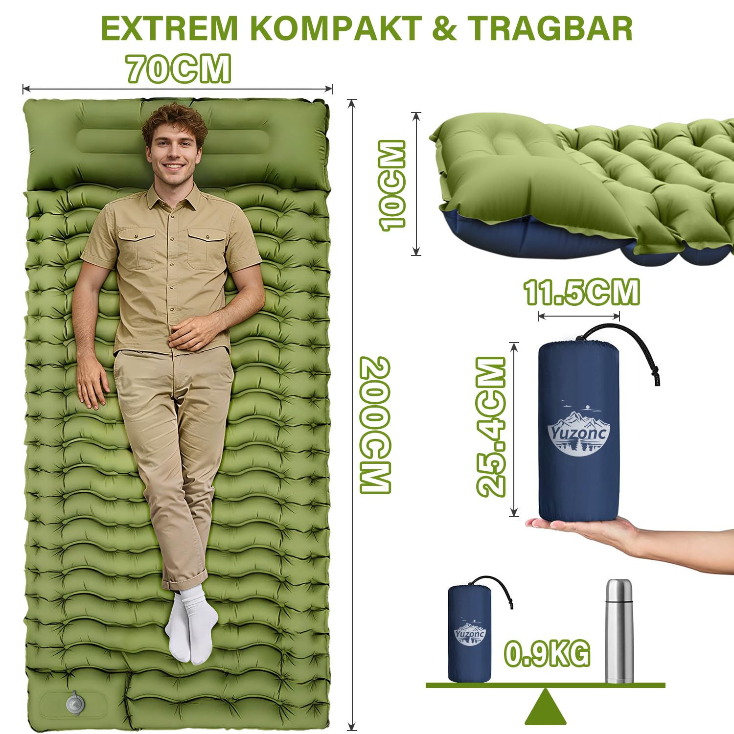 Yuzonc Isomatte Camping,Camping Luftmatratze mit FußpressePumpe & Kissen, Aufblasbare Matratze Kompakte und Leichte für Wandern und Strand