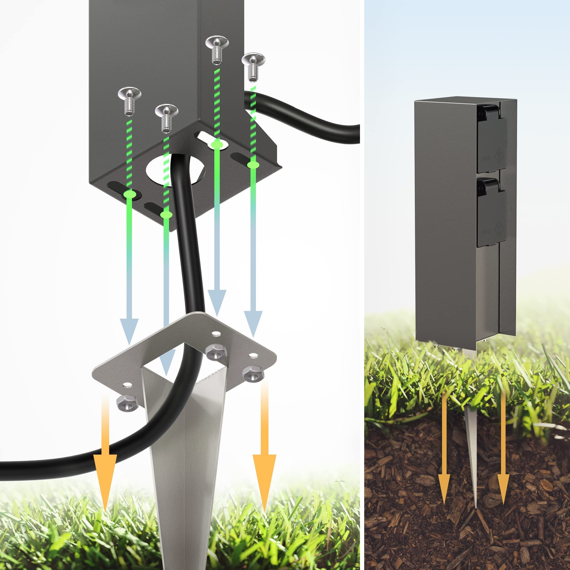ledscom.de Garten-Steckdosen-Säule POMI mit Erdspieß für außen, IP44, 2-Fach, anthrazit, eckig, 23cm
