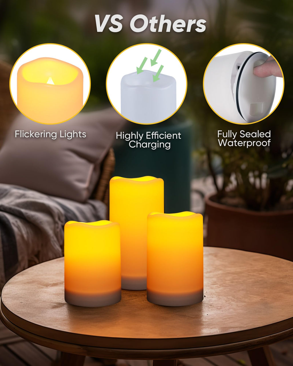 Homemory SolarKerzen für den Außenbereich, Wasserdicht, Wiederaufladbare Kerzen, Solarbetriebene Flammenlose Kerzen für Draußen, nur Sensor, Dämmerung bis Morgendämmerung, Weiß, 3er-Set