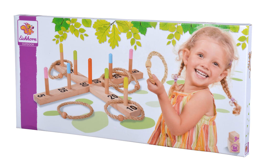 Eichhorn 100004405 - Outdoor Ringwurfspiel - 50x50cm mit 5 Wurfringen, 1 Kreuz, 9 Spielstäben, aus Kiefernholz, Wurfspiel für draußen