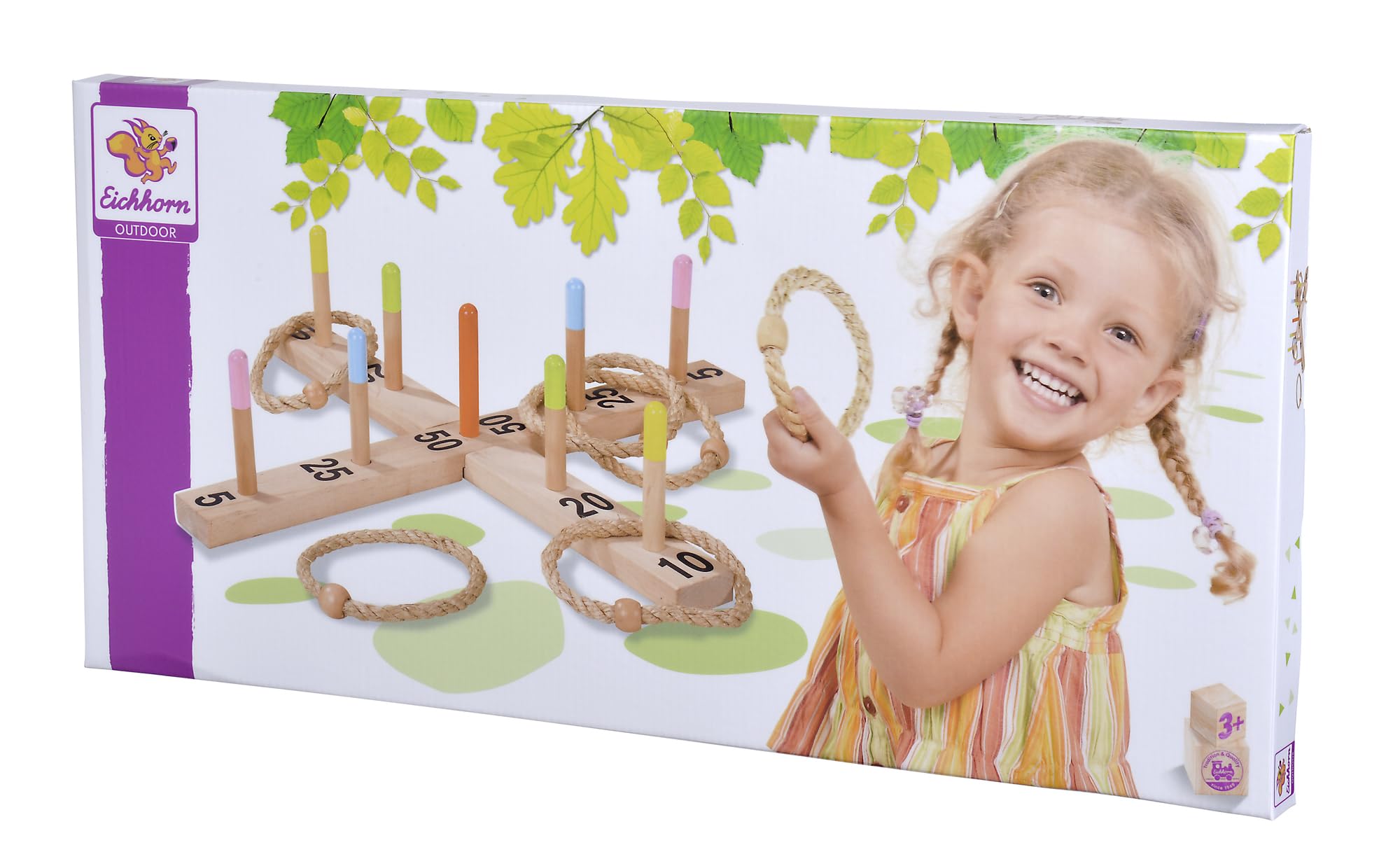 Eichhorn 100004405 - Outdoor Ringwurfspiel - 50x50cm mit 5 Wurfringen, 1 Kreuz, 9 Spielstäben, aus Kiefernholz, Wurfspiel für draußen