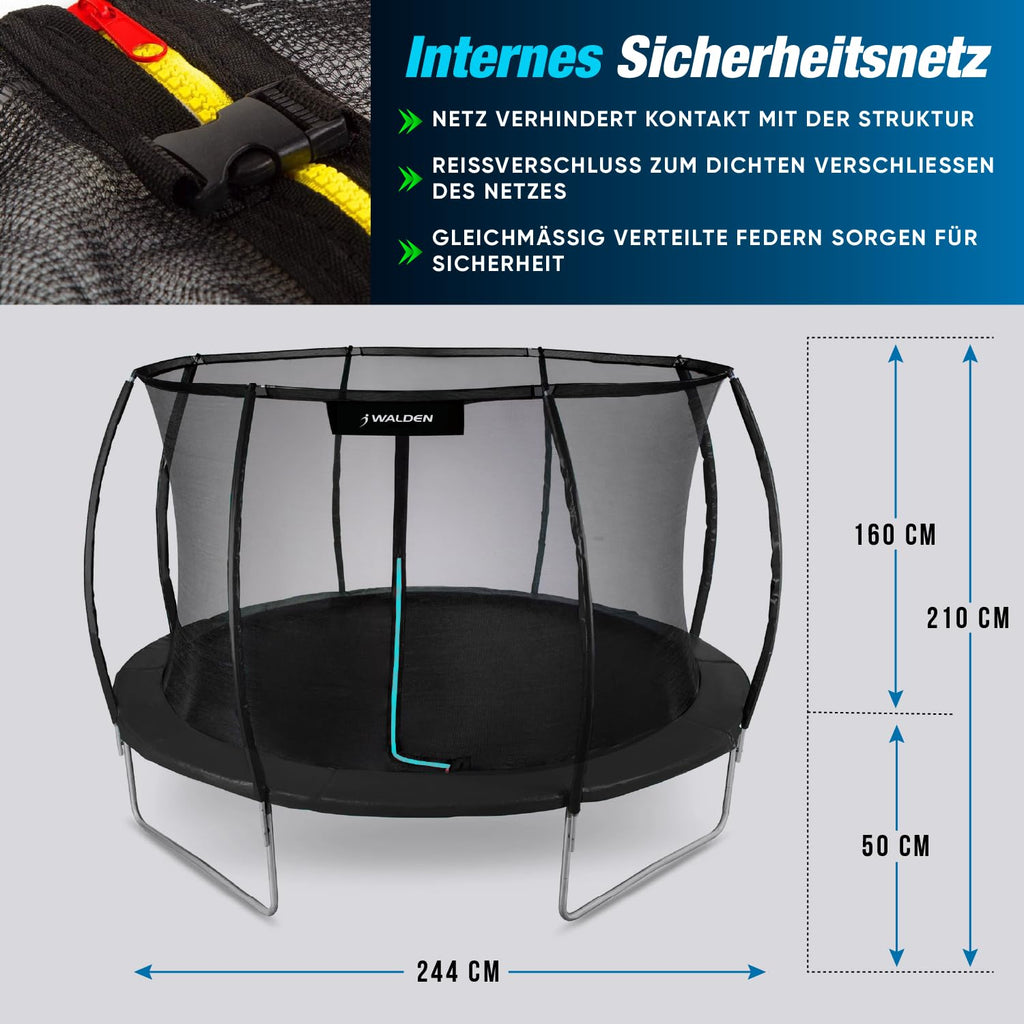 Trampolin Outdoor, Gartentrampolin Ø 244 cm 8 FT Zertifiziert Trampolin mit Sicherheitszaun und Gepolsterte Stangen für Kinder Indoor Outdoor Fitness, Belastbar bis 100kg (244 cm)