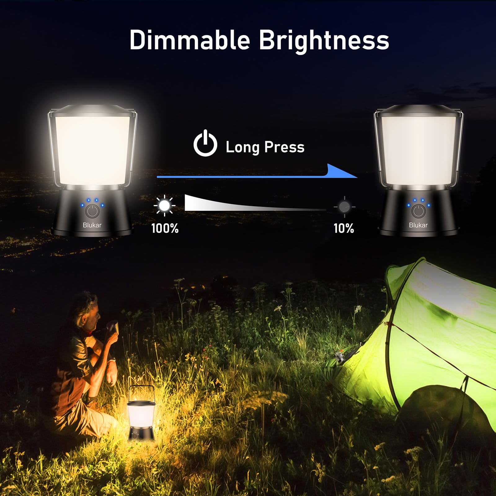 Blukar LED Campinglampe Tragbar, 2000L Superhell Camping Laterne Aufladbar Zeltlampe mit Haken, Stufenlos Dimmbar & 5 Leuchtmodi, 8+ Std. Dauer, Notfallleuchte für Camp, Stromausfall-Schwarz