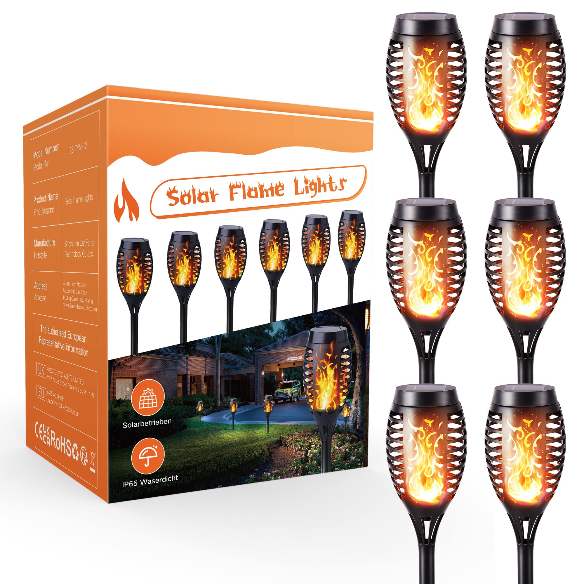 Geemoo Solarleuchten für Außen Garten 6 Stück Solar Fackel Gartenfackeln mit Realistischer Flammeneffekt, IP65 Wasserdicht Solarlampe für Halloween Außen, Hinterhöfe, Gärten, Rasen Beleuchtung