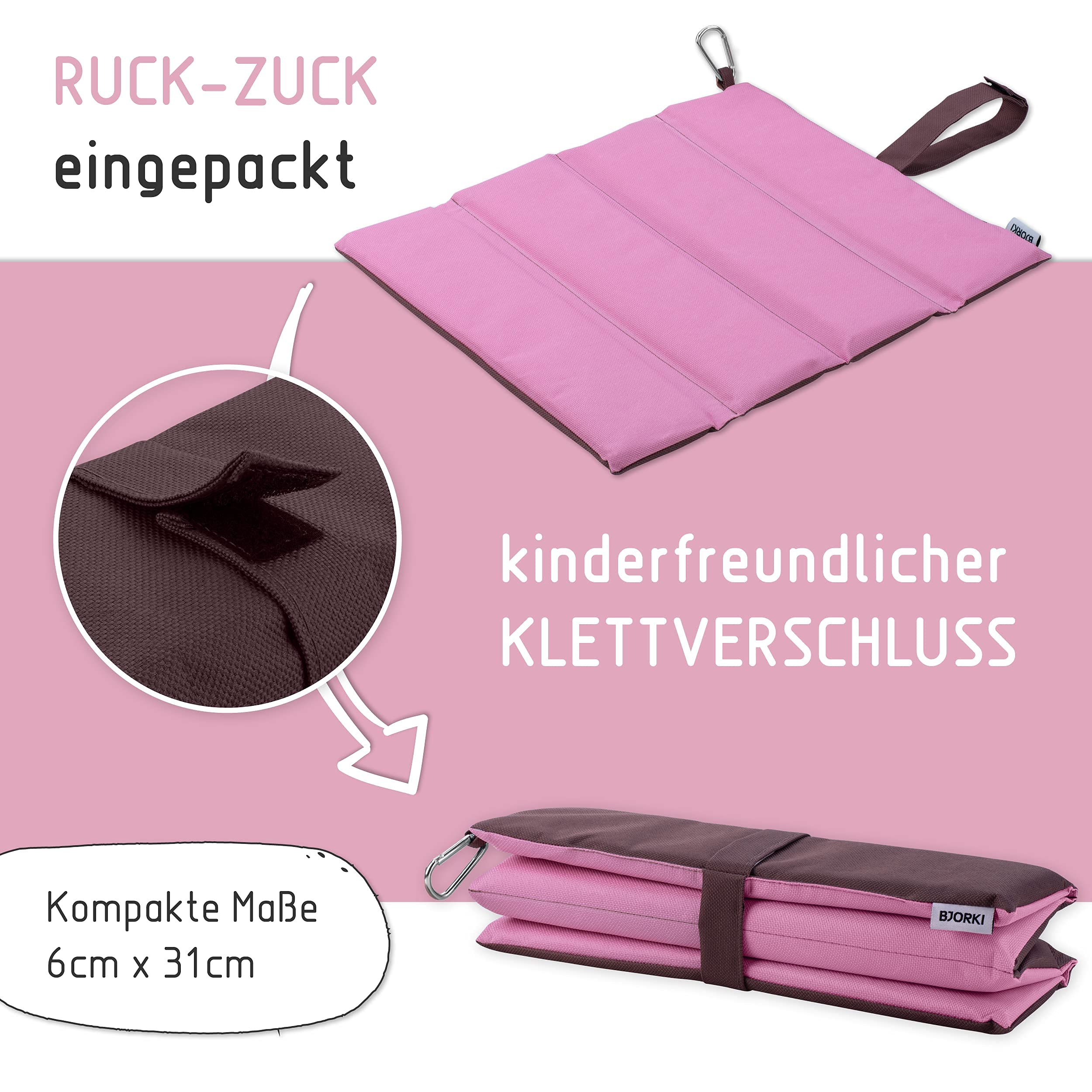 BJORKI® Sitzkissen Kinder - Faltbares Outdoor Sitzkissen mit optimalem Kälte- und Nässeschutz - Robuste Outdoor Sitzunterlage - Die Thermo Sitzmatte für Wandern, Stadion und unterwegs