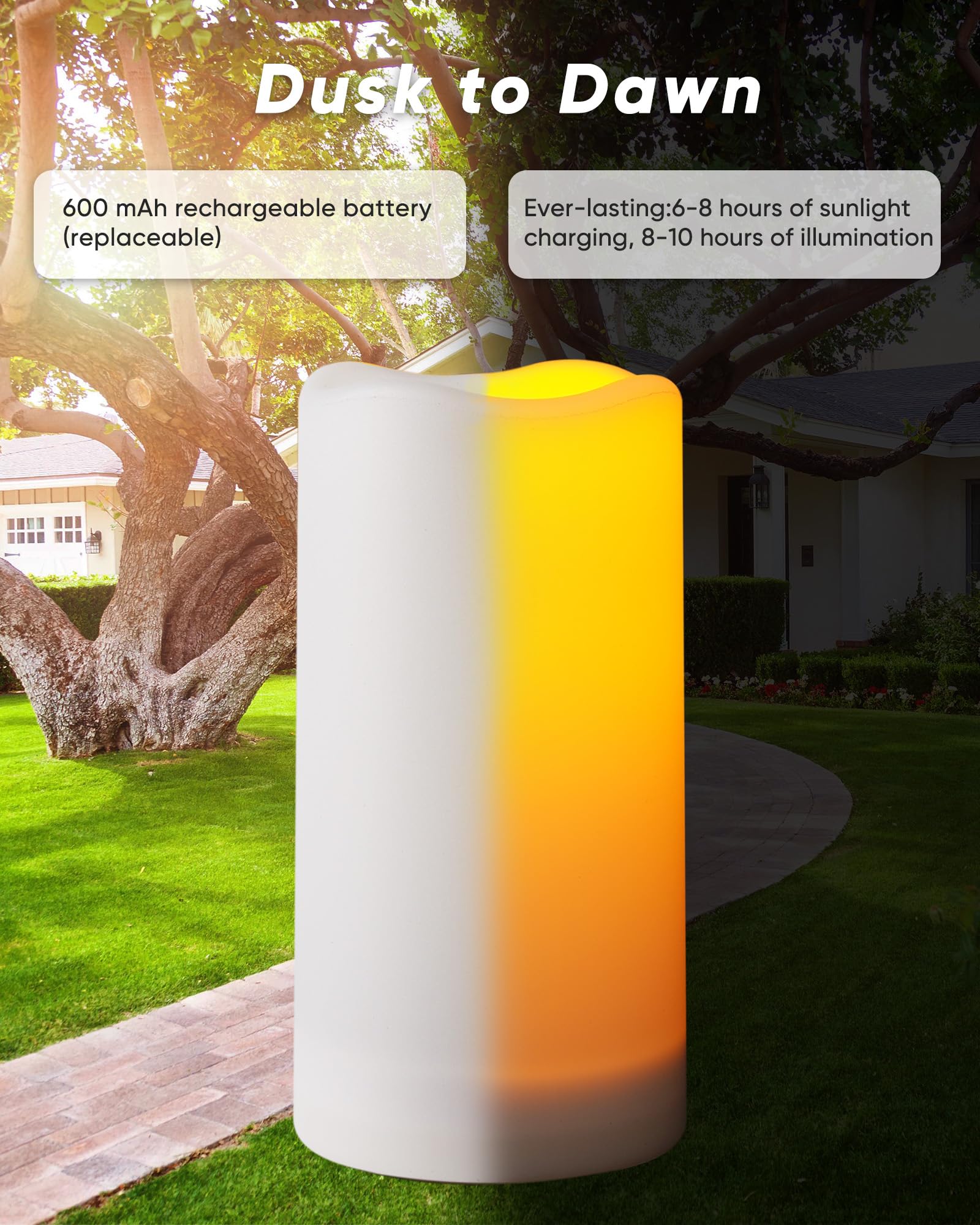 Homemory SolarKerzen für den Außenbereich, Wasserdicht, Wiederaufladbare Kerzen, Solarbetriebene Flammenlose Kerzen für Draußen, nur Sensor, Dämmerung bis Morgendämmerung, Weiß, 3er-Set