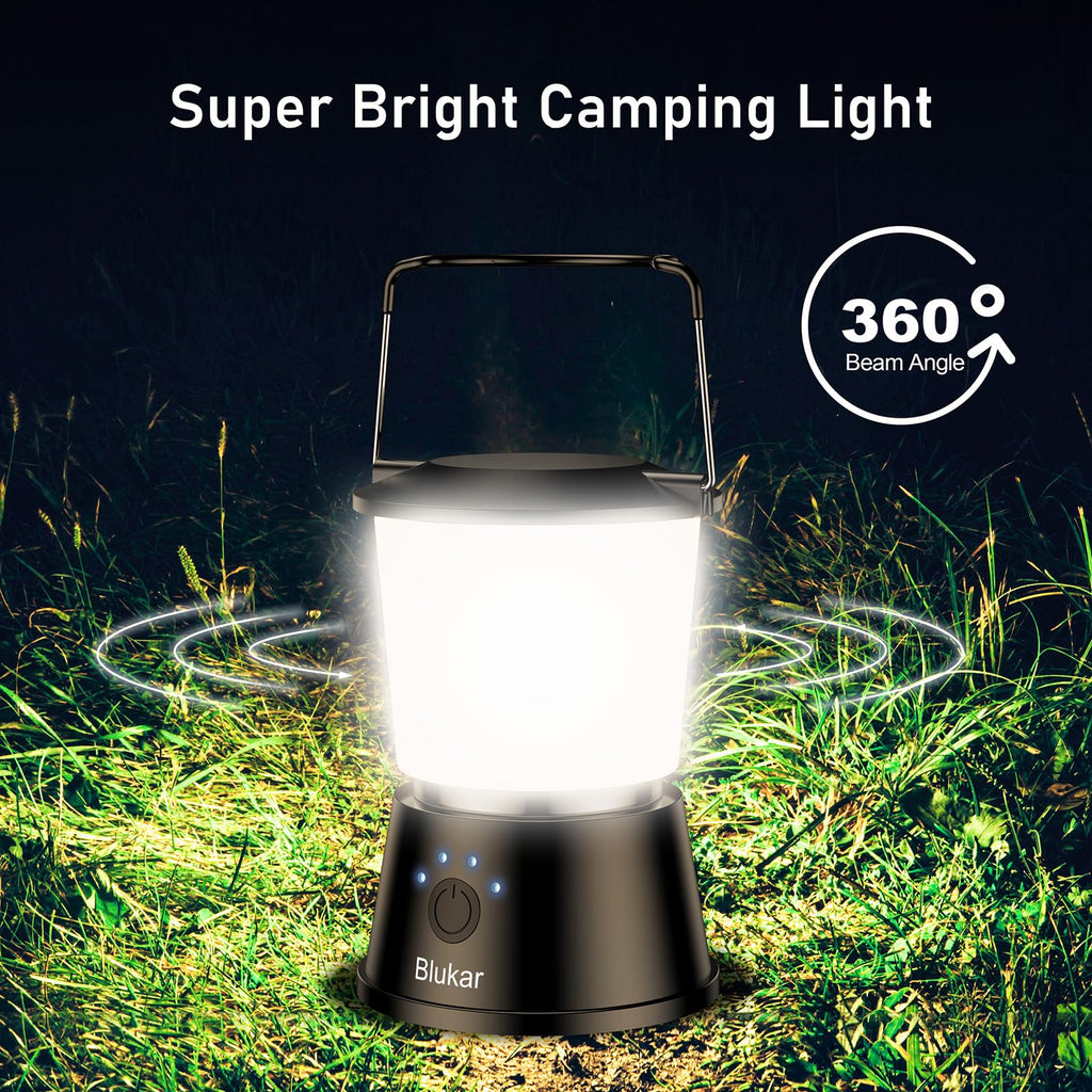 Blukar LED Campinglampe Tragbar, 2000L Superhell Camping Laterne Aufladbar Zeltlampe mit Haken, Stufenlos Dimmbar & 5 Leuchtmodi, 8+ Std. Dauer, Notfallleuchte für Camp, Stromausfall-Schwarz