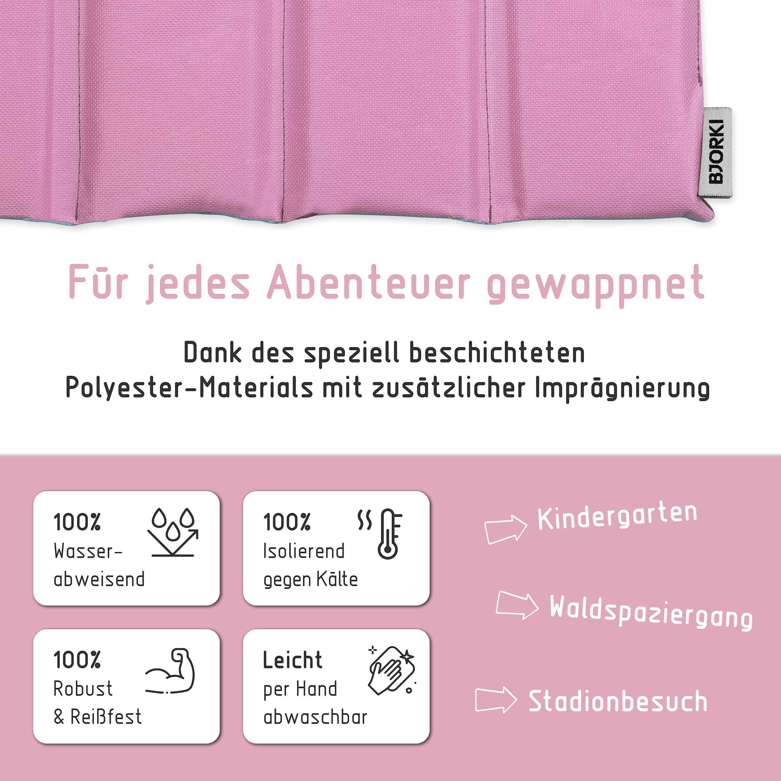 BJORKI® Sitzkissen Kinder - Faltbares Outdoor Sitzkissen mit optimalem Kälte- und Nässeschutz - Robuste Outdoor Sitzunterlage - Die Thermo Sitzmatte für Wandern, Stadion und unterwegs