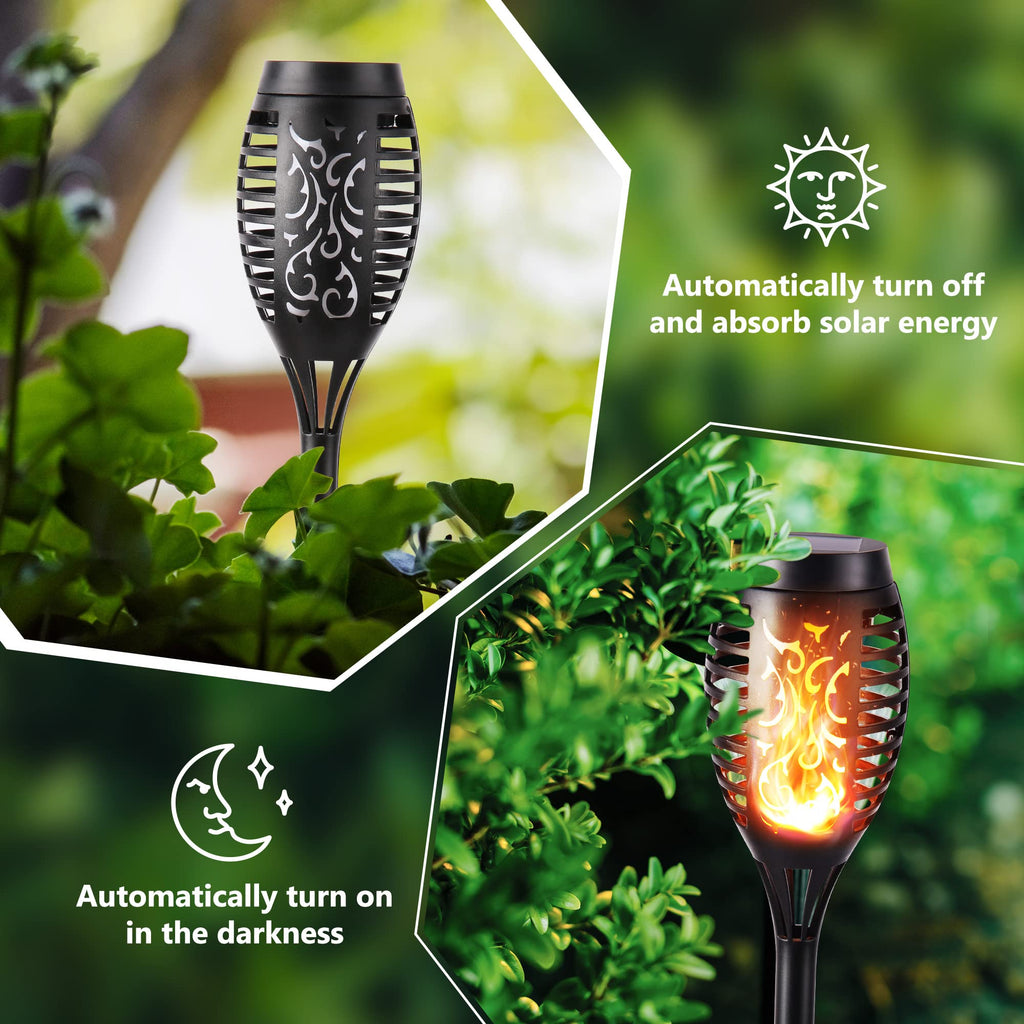Geemoo Solarleuchten für Außen Garten 6 Stück Solar Fackel Gartenfackeln mit Realistischer Flammeneffekt, IP65 Wasserdicht Solarlampe für Halloween Außen, Hinterhöfe, Gärten, Rasen Beleuchtung